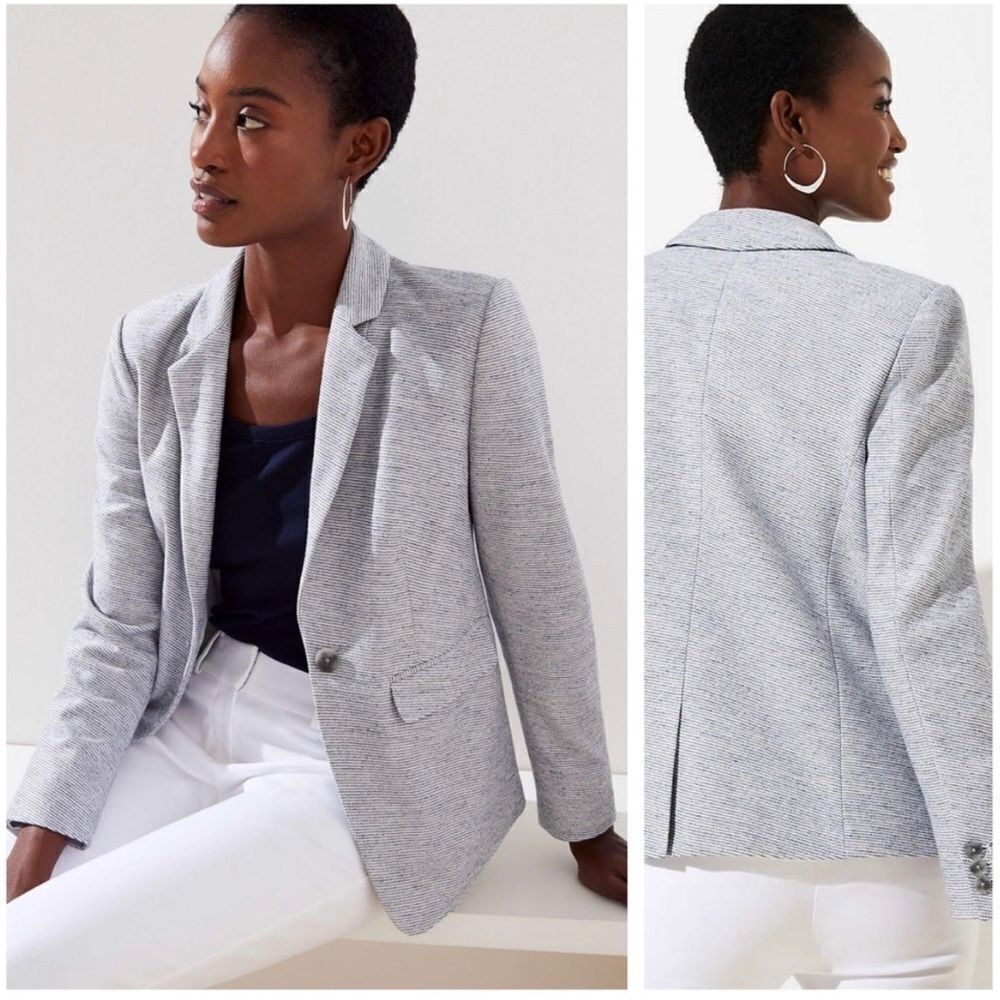 Loft Knit Modern Blazer Size 2 Fitted Style #501877 blue white pin striped